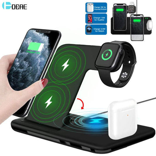APPLEDESK - 4 in 1 Foldable Qi Fast Wireless Charger Stand For All iPhones, Apple Watches, & Airpods- 10/15W